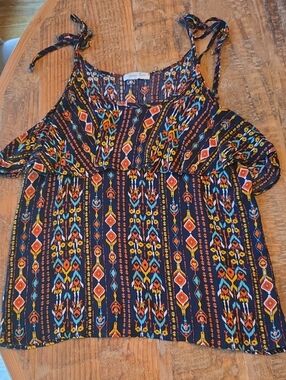 Navy Multicolor Printed Cold-Shoulder Tank Top